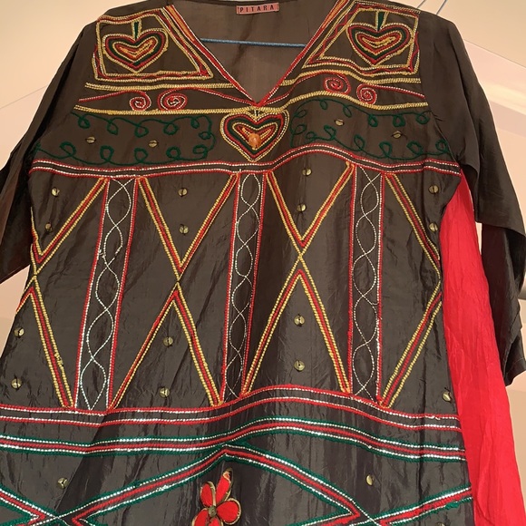 FESTIVE READY: CHOCOLATE BROWN silk kurta with tribal work. Lightweight. - Picture 5 of 12